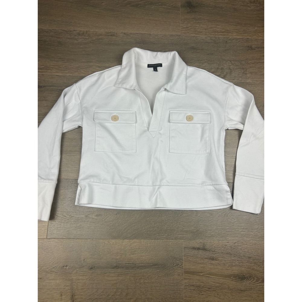 Banana Republic Womens White Long Sleeve Polo V-Neck Pocket Top Size M